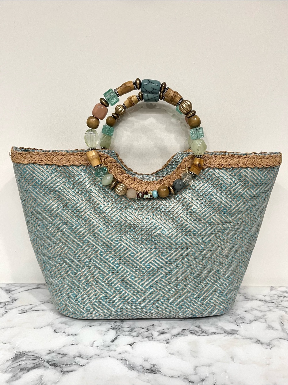 Cappelli pastel blue tan woven straw handbag tote colorful beaded handle coastal